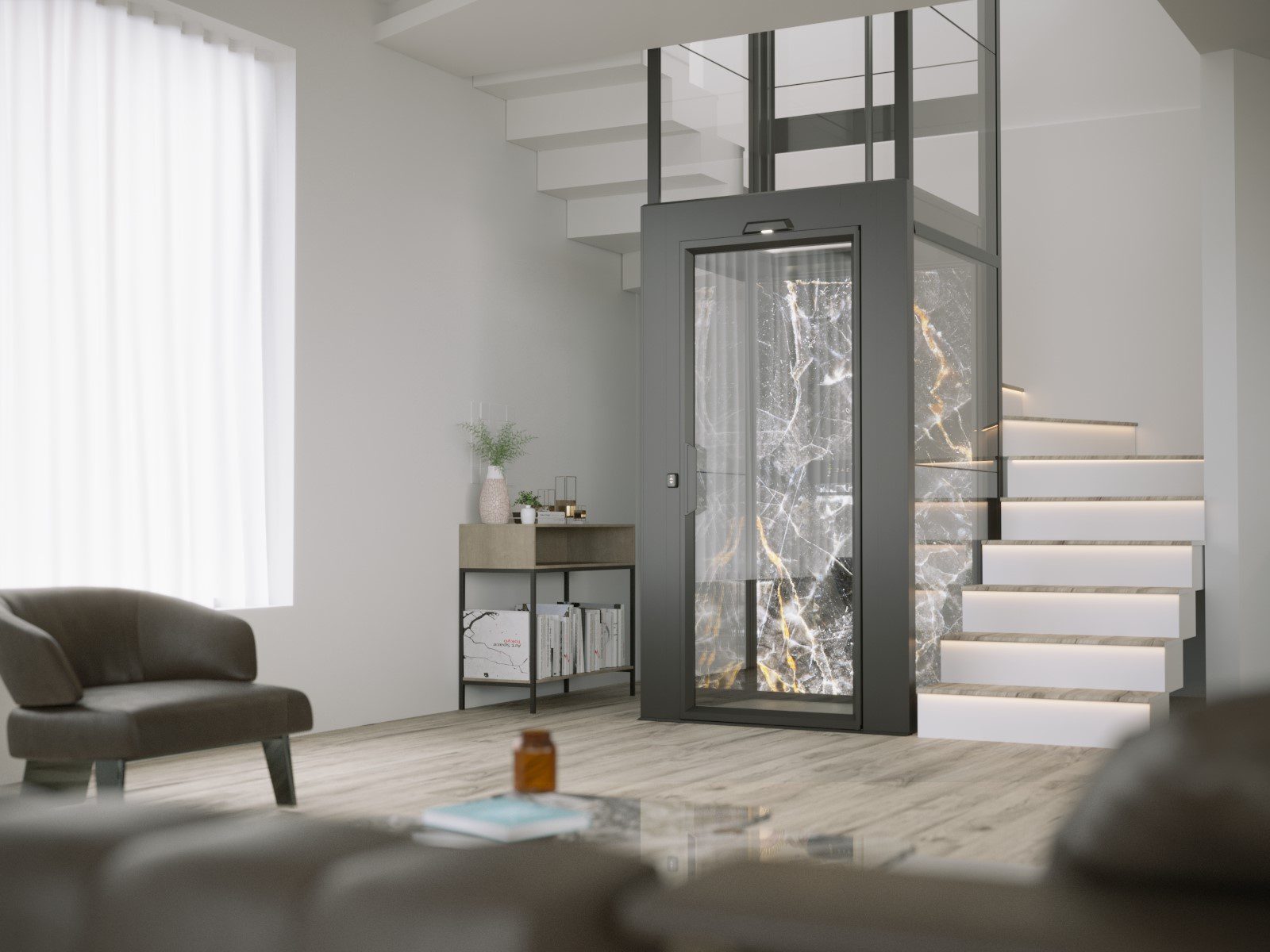 Cibes V90 Aurora home lift in black color design blending with minimalist living room