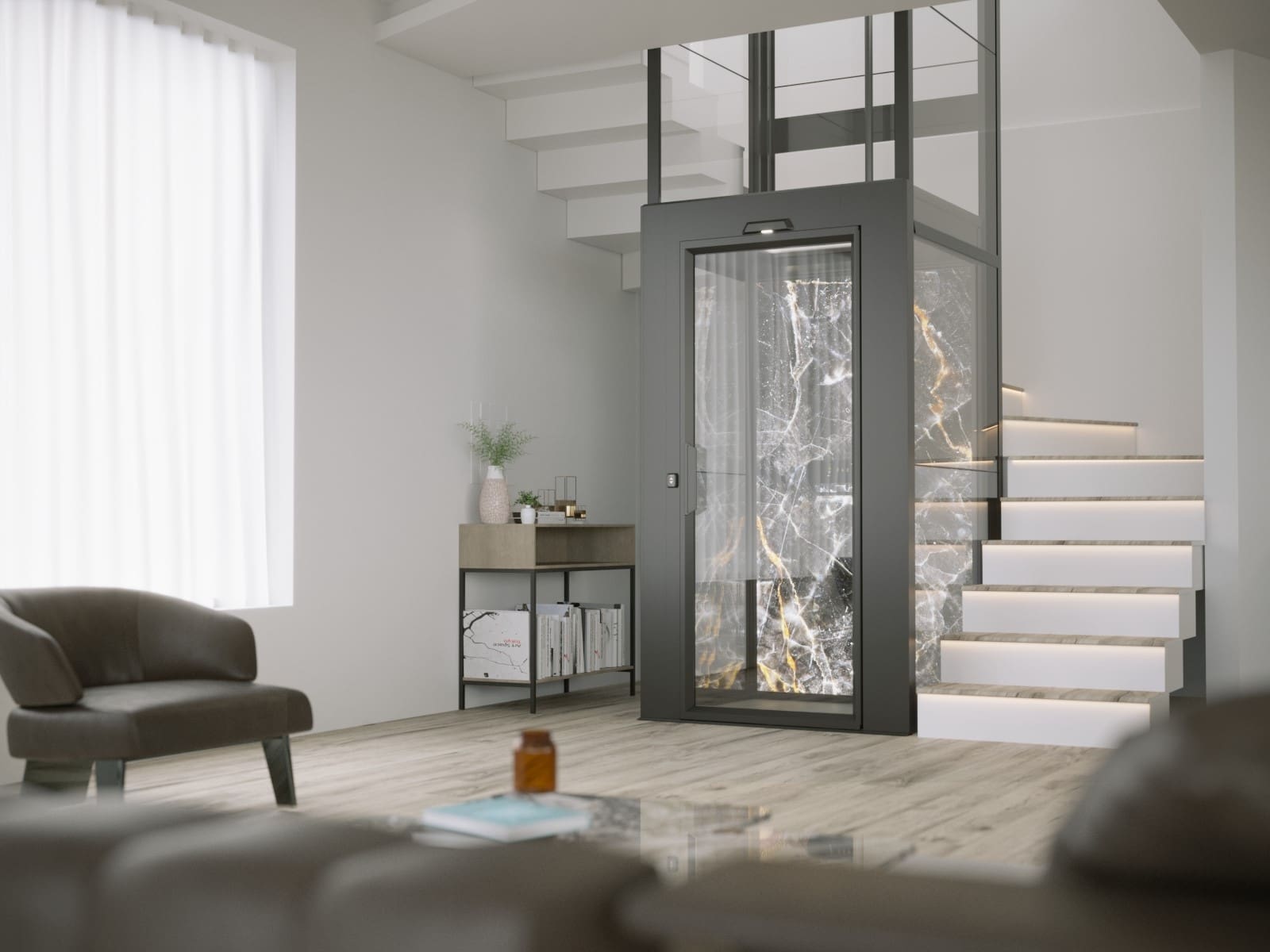 Cibes V90 Aurora home lift in black color design blending with minimalist living room