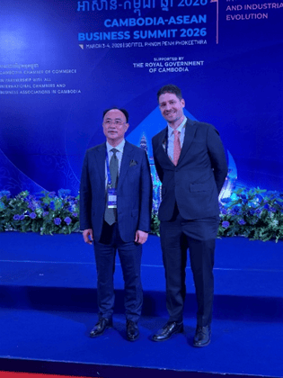 Kevin Der Arslanian poses for a photo with Neak Oknha Kith Meng at the Cambodia ASEAN Business Summit 2026.