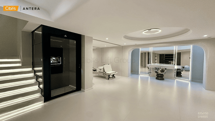 Black home elevator installed in a modern house, placed beside a staircase in a bright open living area.