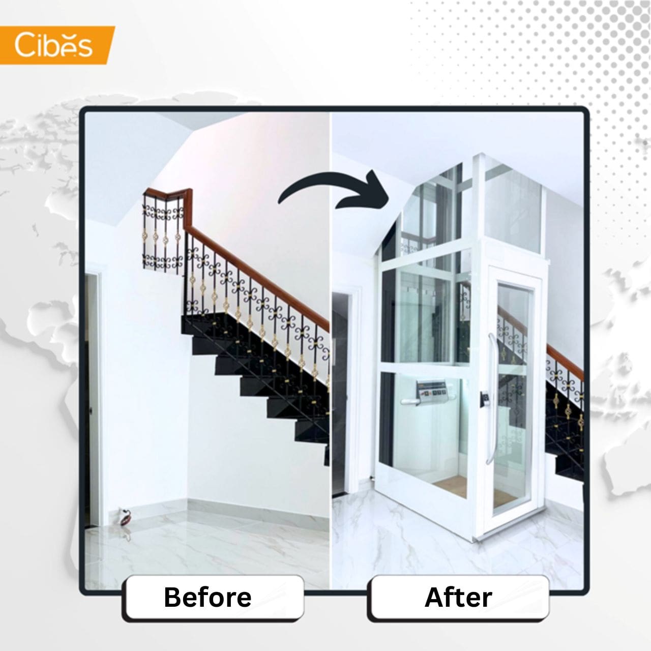 Before and after installation of Cibes screw-driven pitless home elevator